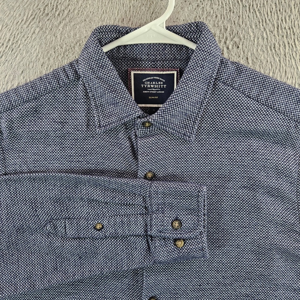 Charles Tyrwhitt Mens Slim Fit Navy White Micro Pattern Cotton Shirt Size M